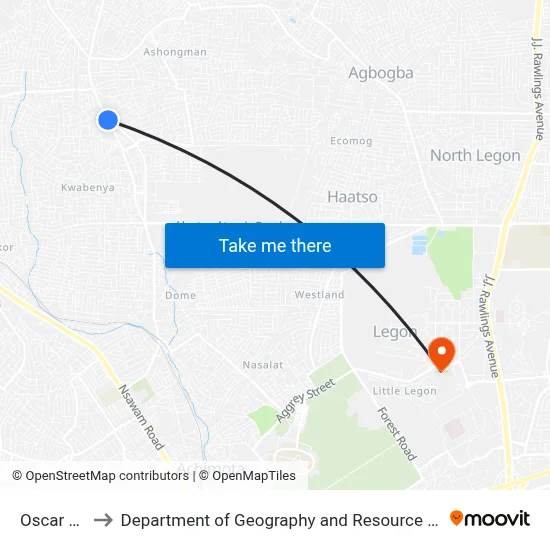 Oscar Junction to Department of Geography and Resource Development, University of Ghana map