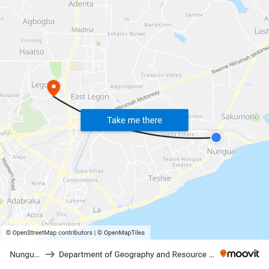Nungua Barrier to Department of Geography and Resource Development, University of Ghana map