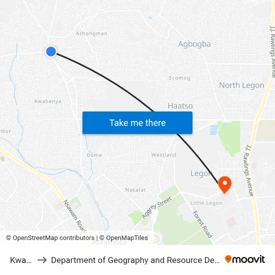 Kwabenya to Department of Geography and Resource Development, University of Ghana map