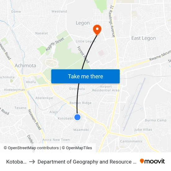 Kotobabi Down to Department of Geography and Resource Development, University of Ghana map