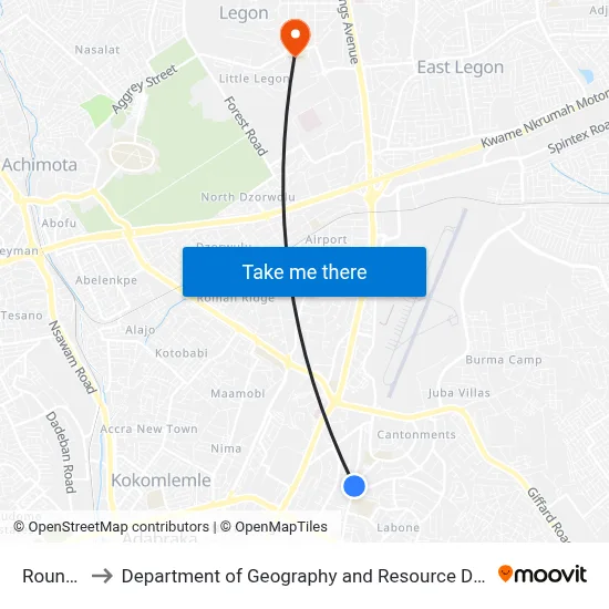 Roundabout to Department of Geography and Resource Development, University of Ghana map