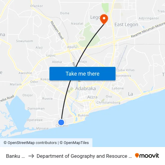 Banku Junction to Department of Geography and Resource Development, University of Ghana map
