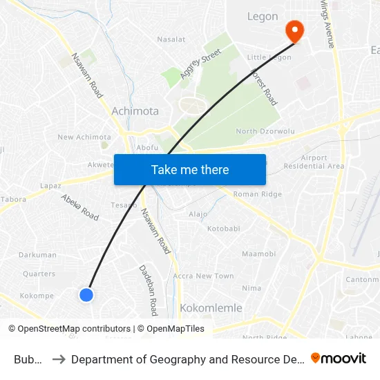 Bubuashie to Department of Geography and Resource Development, University of Ghana map