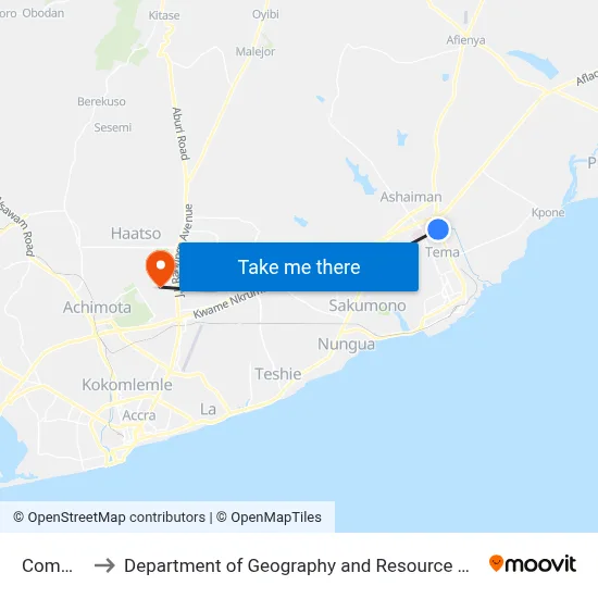 Community 9 to Department of Geography and Resource Development, University of Ghana map