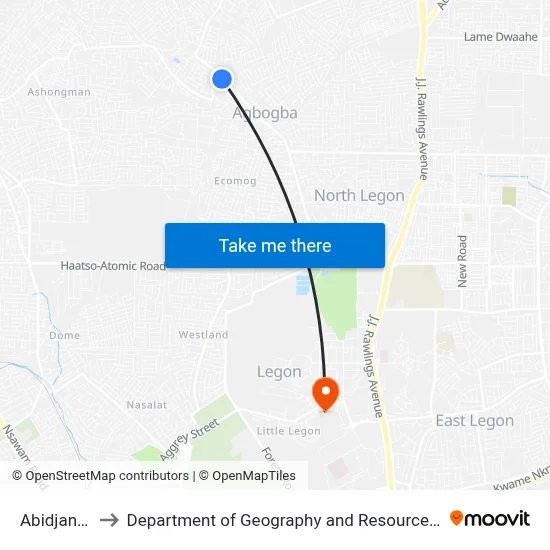Abidjan Junction to Department of Geography and Resource Development, University of Ghana map