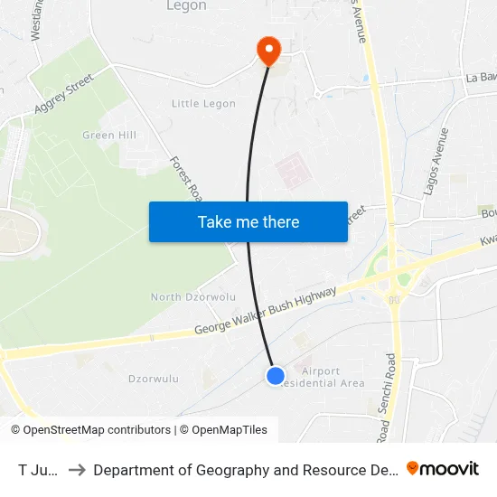 T Junction to Department of Geography and Resource Development, University of Ghana map