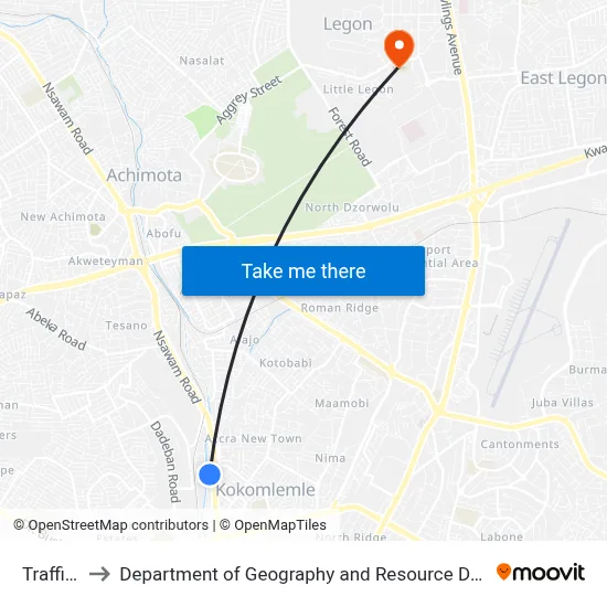 Traffic Light to Department of Geography and Resource Development, University of Ghana map