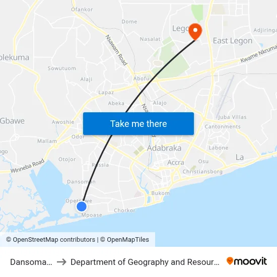 Dansoman Last Stop to Department of Geography and Resource Development, University of Ghana map