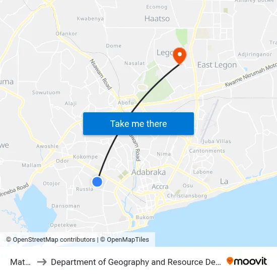 Mataheko to Department of Geography and Resource Development, University of Ghana map