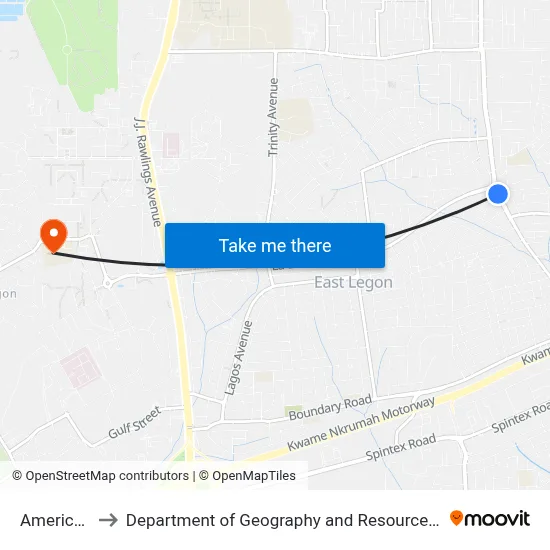 American House to Department of Geography and Resource Development, University of Ghana map