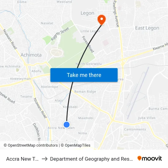Accra New Town (37 Station) to Department of Geography and Resource Development, University of Ghana map