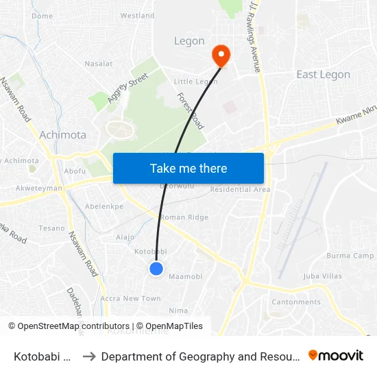Kotobabi Police Station to Department of Geography and Resource Development, University of Ghana map