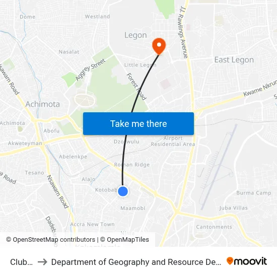 Club 1000 to Department of Geography and Resource Development, University of Ghana map