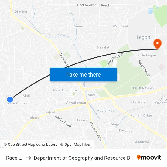Race Course to Department of Geography and Resource Development, University of Ghana map