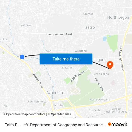 Taifa Post Office to Department of Geography and Resource Development, University of Ghana map
