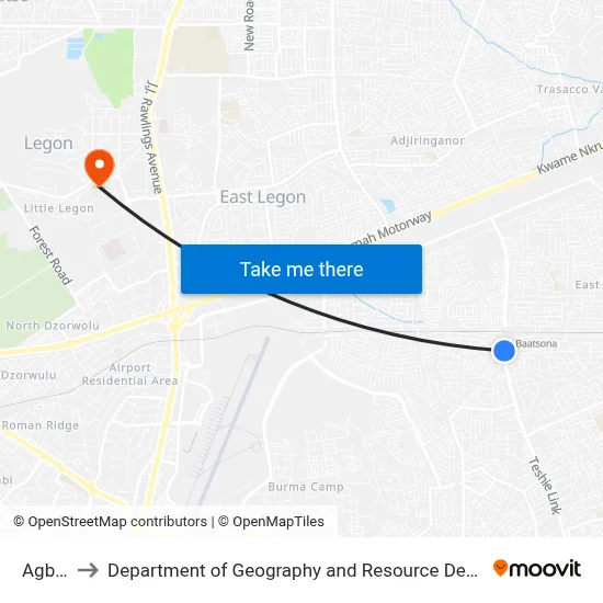 Agblezaa to Department of Geography and Resource Development, University of Ghana map
