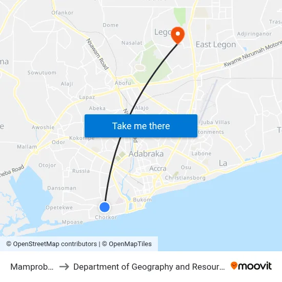 Mamprobi Post Office to Department of Geography and Resource Development, University of Ghana map