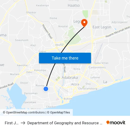 First Junction to Department of Geography and Resource Development, University of Ghana map