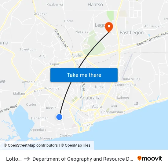 Lotto Kiosk to Department of Geography and Resource Development, University of Ghana map