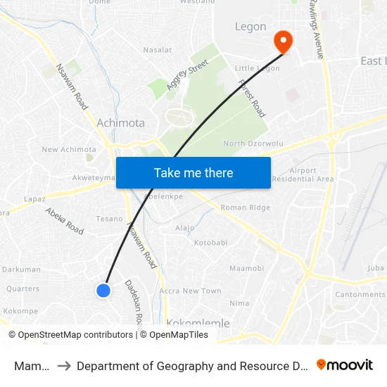 Mama Lizzy to Department of Geography and Resource Development, University of Ghana map