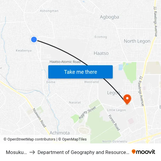 Mosuku Junction to Department of Geography and Resource Development, University of Ghana map