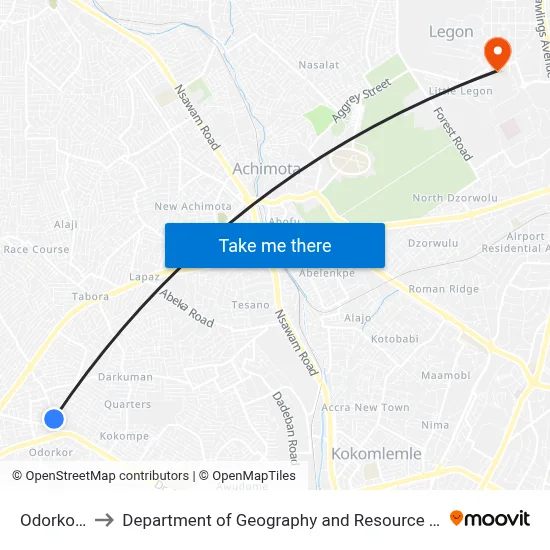 Odorkor Market to Department of Geography and Resource Development, University of Ghana map