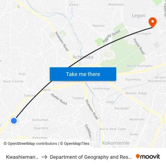 Kwashieman School Junction to Department of Geography and Resource Development, University of Ghana map