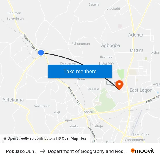 Pokuase Junction Main Road to Department of Geography and Resource Development, University of Ghana map