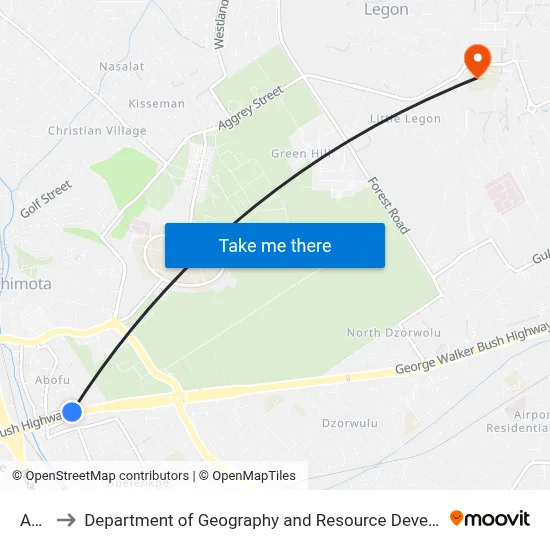 Abofu to Department of Geography and Resource Development, University of Ghana map