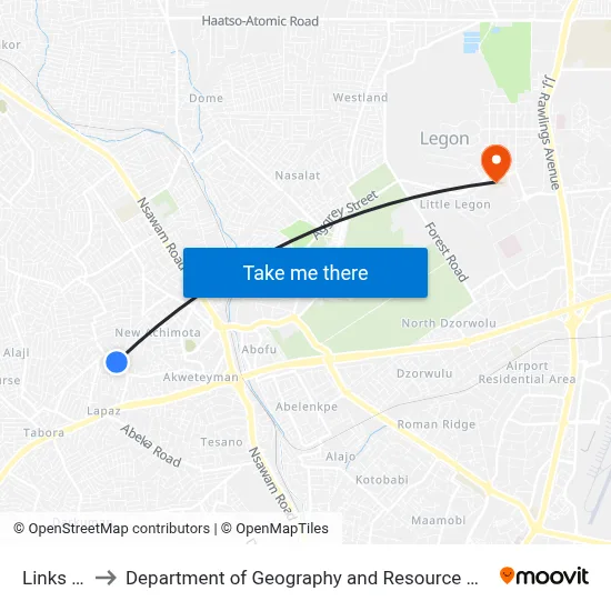 Links Garden to Department of Geography and Resource Development, University of Ghana map