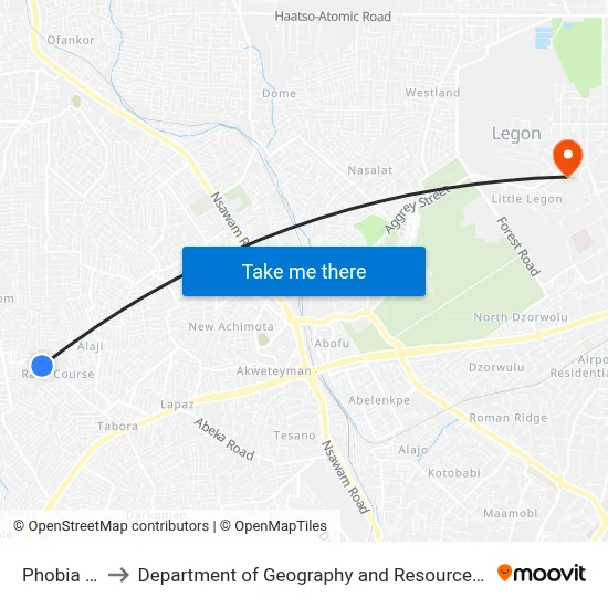 Phobia Junction to Department of Geography and Resource Development, University of Ghana map