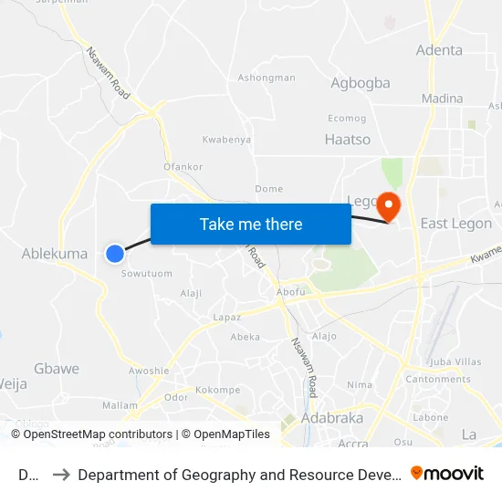 Duase to Department of Geography and Resource Development, University of Ghana map