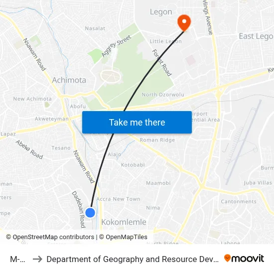 M-Plaza to Department of Geography and Resource Development, University of Ghana map