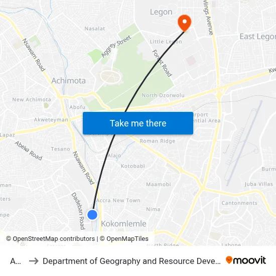 Aveno to Department of Geography and Resource Development, University of Ghana map