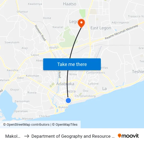 Makola Market to Department of Geography and Resource Development, University of Ghana map