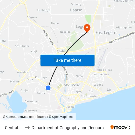 Central University to Department of Geography and Resource Development, University of Ghana map