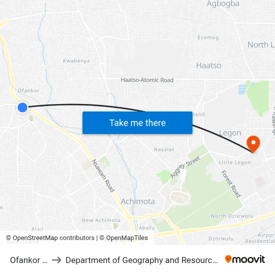 Ofankor Taxi Rank to Department of Geography and Resource Development, University of Ghana map