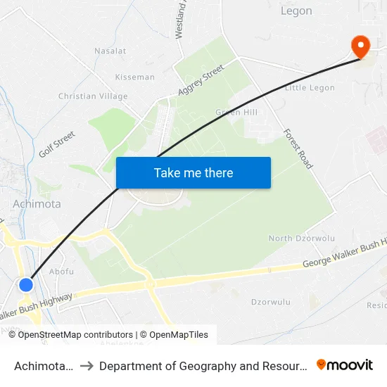 Achimota Old Station to Department of Geography and Resource Development, University of Ghana map
