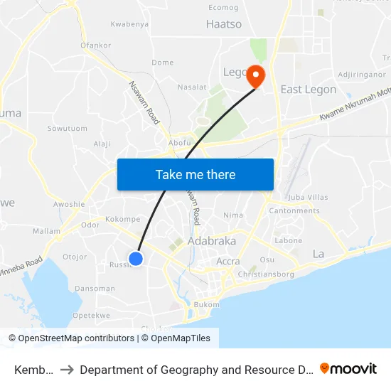 Kembs Hotel to Department of Geography and Resource Development, University of Ghana map