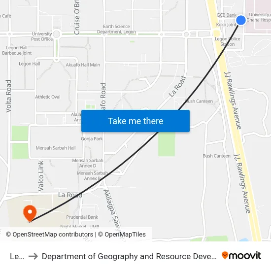 Legon to Department of Geography and Resource Development, University of Ghana map