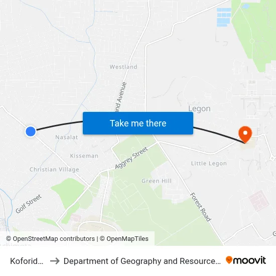 Koforidua House to Department of Geography and Resource Development, University of Ghana map