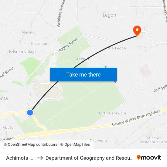 Achimota Police Station to Department of Geography and Resource Development, University of Ghana map