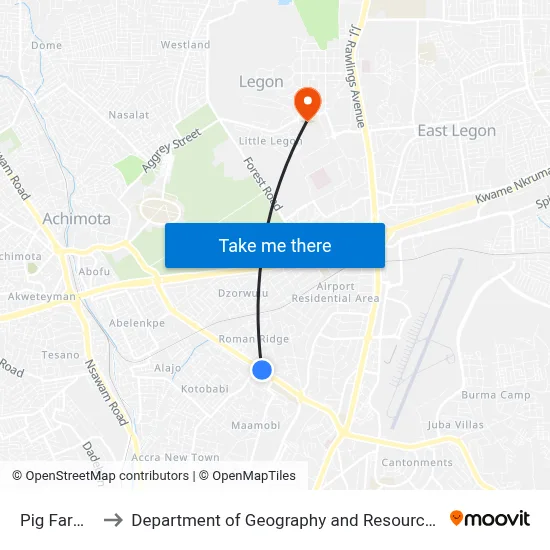Pig Farm Junction to Department of Geography and Resource Development, University of Ghana map
