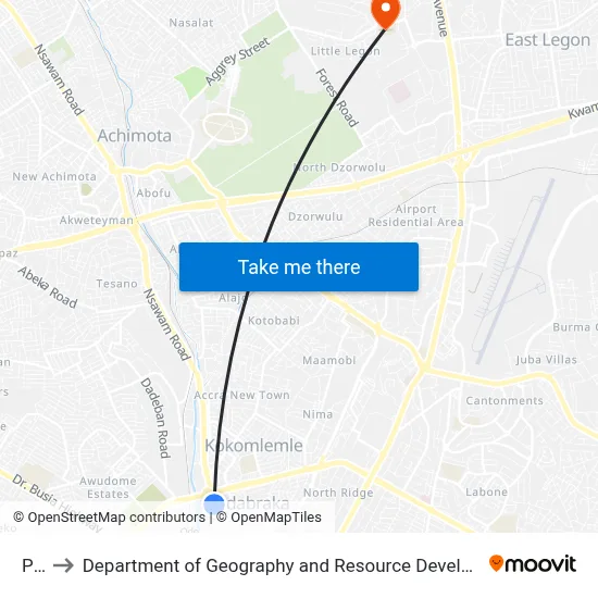 PTC to Department of Geography and Resource Development, University of Ghana map