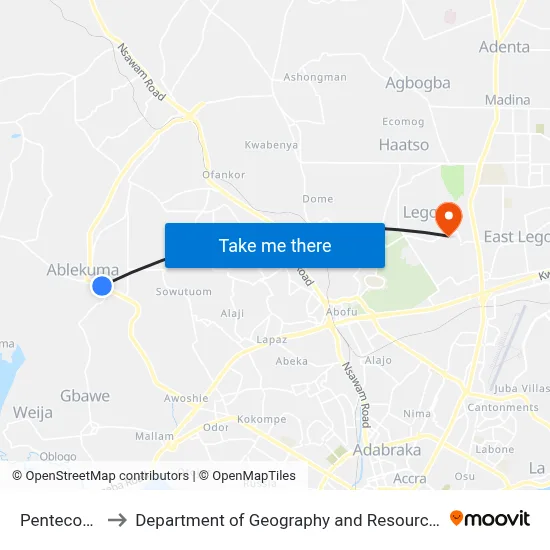 Pentecost Junction to Department of Geography and Resource Development, University of Ghana map