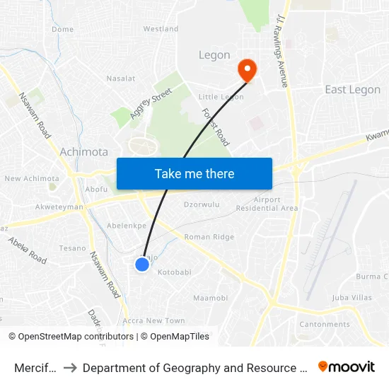 Merciful Hotel to Department of Geography and Resource Development, University of Ghana map