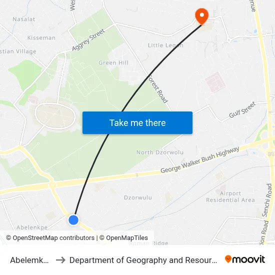 Abelemkpe Junction to Department of Geography and Resource Development, University of Ghana map
