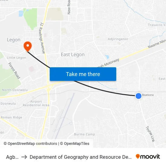 Agblezah to Department of Geography and Resource Development, University of Ghana map