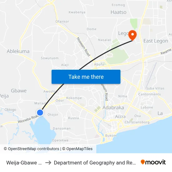 Weija-Gbawe Municipal Hospital to Department of Geography and Resource Development, University of Ghana map