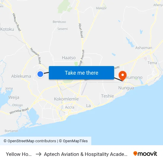 Yellow House to Aptech Aviation & Hospitality Academy Gh. map